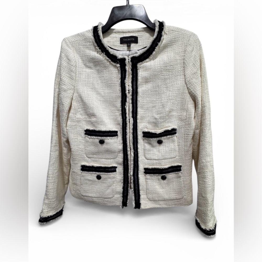 Talbots Women's Cream Textured Blazer with Black Trim NWT